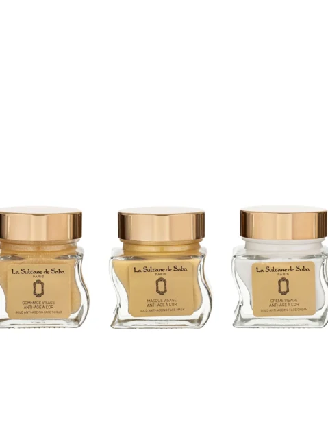 LA SULTANE DE SABA GOLD AND CHAMPAGNE FACIAL CARE KIT – AUKSAS, ŠAMPANAS – 23 KARATŲ AUKSO VEIDO PRIEŽIŪROS RINKINYS – VEIDO KREMAS, ŠVEITIKLIS, KAUKĖ