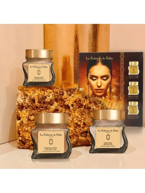 LA SULTANE DE SABA GOLD AND CHAMPAGNE FACIAL CARE KIT – AUKSAS, ŠAMPANAS – 23 KARATŲ AUKSO VEIDO PRIEŽIŪROS RINKINYS – VEIDO KREMAS, ŠVEITIKLIS, KAUKĖ